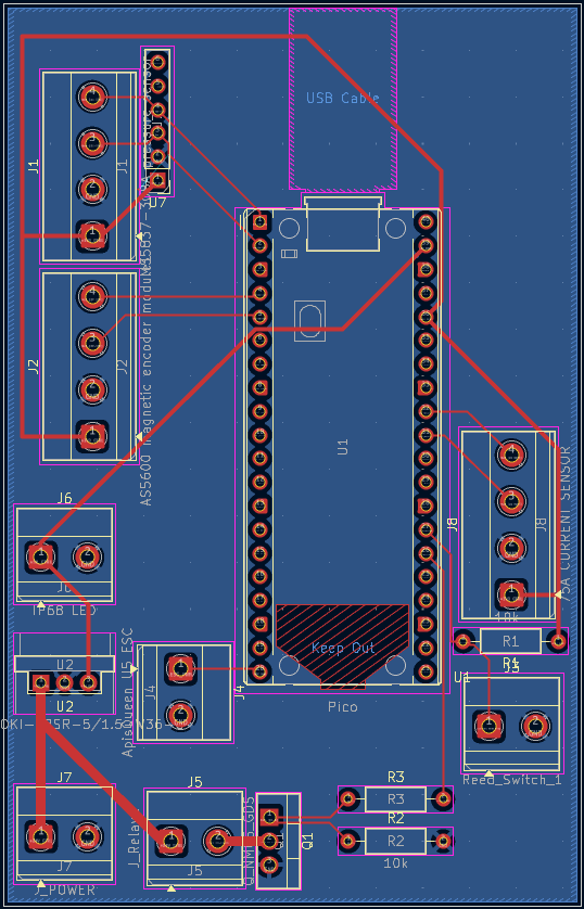PCB design screenshot with Pico footprint, connectors and routed traces.